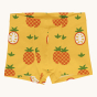 Maxomorra Children's Organic Cotton Pineapple Boxer Shorts. A bright yellow fabric, with whole and half pineapple repeated print