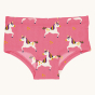 Maxomorra Children's Organic Cotton Unicorn Hipster Briefs. A bright pink fabric with fun unicorn repeated print