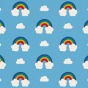 A close up of the Maxomorra Rainbow print showing the light blue colour with the rainbow and cloud print
