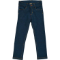 Maxomorra soft, organic jean style trousers for toddlers and children are a rich indigo colour with contrasting stitching for that denim look. On white background