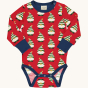 Maxomorra long sleeve body suit in Swedish Santa design, with small Swedish Santa images on red fabric, navy blue wrist cuffs and navy blue trim on the collar and leg fastenings 