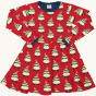Maxomorra long sleeve circle dress in Swedish Santa design, with small Swedish Santa images on red fabric and navy blue trim on the collar and wrists