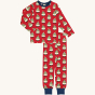 Maxomorra long sleeve pyjama set in Swedish Santa design, with small Swedish Santa images on red fabric, with navy blue ankle cuffs and navy blue trim on the collar