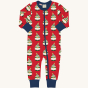 Maxomorra long sleeve romper suit in Swedish Santa design, with small Swedish Santa images on red fabric, navy blue wrist and ankle cuffs, and navy blue trim on the collar and zipper