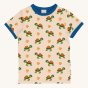 Maxomorra Children's Organic Cotton Turtle Short Sleeve Top. A warm, cream fabric with a cool turtle and coral repeated print, navy blue piping around the collar and sleeves
