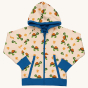 Maxomorra Children's Organic Cotton Turtle Reversible Hoodie. A warm cream fabric with a cool turtle and coral repeated print. Navy blue piping around the hood and pockets, a navy blue zip, thick navy blue cuffs and waistband and navy blue inside