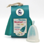 Picture of the Lamazuna menstrual cup, with its teal pouch.