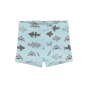 Meyadey Salty Shark Organic Boxer Short. A light blue base with repeated small grey sharks (front and side views). Picture on a white background