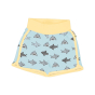Meyadey Salty Shark Organic Runner Shorts. A light blue base with repeated small grey sharks (front and side views), with contrasting light yellow piping and waistband. Picture on a white background