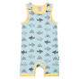 Meyadey Salty Shark Organic Short Dungarees / Playsuit. A light blue base with repeated small grey sharks (front and side views), with contrasting light yellow piping. Picture on a white background