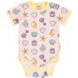 Meyadey Salty Shell Organic Short Sleeved Body A light pink base with repeated small colourful shells, starfish and seaweed (front and side views), with contrasting light yellow piping. Picture on a white background