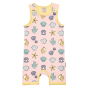 Meyadey Salty Shell Organic Short Dungarees / Playsuit. A light pink base with repeated small colourful shells, starfish and seaweed (front and side views), with contrasting light yellow piping. Picture on a white background