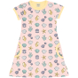 Meyadey Salty Shell Organic Short Sleeved Dress. A light pink base with repeated small colourful shells, starfish and seaweed (front and side views), with contrasting light yellow piping. Picture on a white background