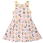 Meyadey Salty Shell Organic Sleeveless Circle Dress. A light pink base with repeated small colourful shells, starfish and seaweed (front and side views), with contrasting light yellow piping. Picture on a white background