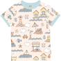 Meyadey Salty Stingray Organic Short Sleeved Top T-shirt. A light pink base with repeated small colourful seashore images, with contrasting light blue piping. Picture on a white background