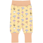 Meyadey Salty Stingray Organic Rib Pants. A light yellow base with repeated small colourful stingrays, coral and seaweed (front and side views), with contrasting light peach cuffs and waistband. Picture on a white background