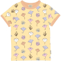 Meyadey Salty Stingray Organic Short Sleeved Top T-shirt. A light yellow base with repeated small colourful stingrays, coral and seaweed (front and side views), with contrasting light peach piping. Picture on a white background