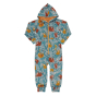 Meyadey sleepy sloth, organic one piece has a repeat sloth and branch print with highlights of warm brown and mustard on a pale blue background