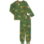 Meyadey Marvellous Macaw, organic, long sleeved pyjamas in rich green with macaw and leaves repeat print.