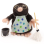 A closer view of the details on The Makerss Needle Felt Busy Mr Mole. A beautifully crafted mole wearing glasses, a spotted apron a mop and a bucket, stood on a white background
