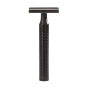 Muhle jet black Rocca stainless steel safety razor on a white background