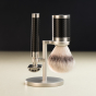 Muhle rocca stainless steel shaving set on a black and white background