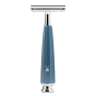 Muhle petrol blue stainless steel reusable safety razor on a white background