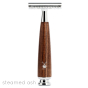Muhle steamed ash stainless steel reusable safety razor on a white background
