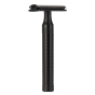 Muhle reusable stainless steel Rocca razor in the jet black colour on a white background