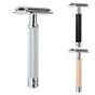 3 Muhle traditional stainless steel safety razors in the chrome, black and rose gold colours on a white background