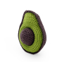 Angled view of the Myum plastic free avocado soft toy on a white background