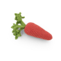 Myum eco-friendly plastic free rattling crochet carrot toy laid down on a white background