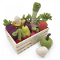 Myum eco-friendly wooden crate toy filled with myum crocheted vegetable soft toys on a white background