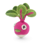 Side of the Myum eco-friendly organic cotton mini radish soft rattle toy on a white background