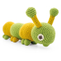 Close up of the Myum organic cotton crochet soft vibrating caterpillar toy on a white background