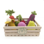 Myum plastic free wooden toy crate filled with handmade crocheted vegetable soft toys on a white background