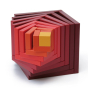 Naef Cella Stacking Cube in a red colour shown with pieces pulled slightly apart pictured on a plain background 