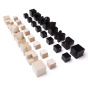 Naef eco-friendly wooden Bauhaus chess pieces lined up in rows on a white background