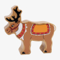 Wooden Lanka Kade reindeer with red reins, black antlers, bells on the neck and a blanket with bells on it's back.