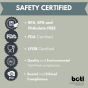 Infographic showing the safety certifications of the One Green Bottle 350ml stainless steel Evolution bottle