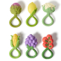 A collection of six Oli & Carol Rattle Teether toys on a plain background 
