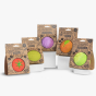 Five fruit and vegetable Oli & Carol 100% Natural Rubber Baby Sensory Balls in their cardboard packaging