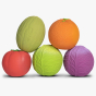 Five fruit and vegetable Oli & Carol 100% Natural Rubber Baby Sensory Balls on a white background