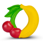 Oli & Carol Natural Rubber Baby Teething Ring - Fruit including a bunch of cherries and banana on a white background