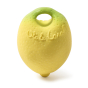 Close up of the natural rubber Oli & Carol mini lemon baby teething toy on a white background