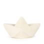 Side view of the Oli & Carol White natural rubber Origami Boat bath toy pictured on a plain white background
