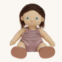 Olli Ella Bitsy poseable, soft bodied Dinkum Doll sitting down pictured on a plain coloured background 