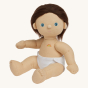 Olli Ella Bitsy poseable, soft bodied Dinkum Doll sitting down with no romper and a white nappy pictured on a plain coloured background 