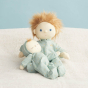 Olli Ella eco-friendly dinkum doll and dozy dinkum doll on a white blanket in the blue boat print pyjamas