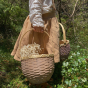 Close up of child holding 2 Olli Ella berry blossom baskets, filled with spring flowers, in the woods